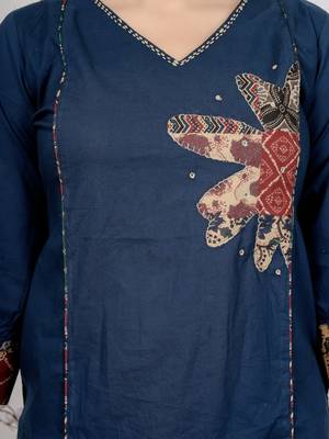 Navy blue cotton kurta set with patch handwork and printed dupatta     ethnic wear 5
