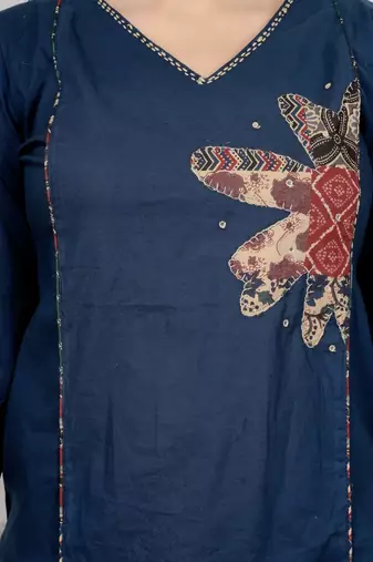 Navy blue cotton kurta set with patch handwork and printed dupatta – ethnic wear