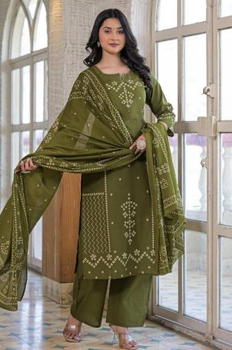 Olive green cotton panel printed kurta set with mirror handwork and dupatta