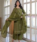 Olive green cotton panel printed kurta set with mirror handwork and dupatta