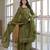 Olive green cotton panel printed kurta set with mirror handwork and dupatta
