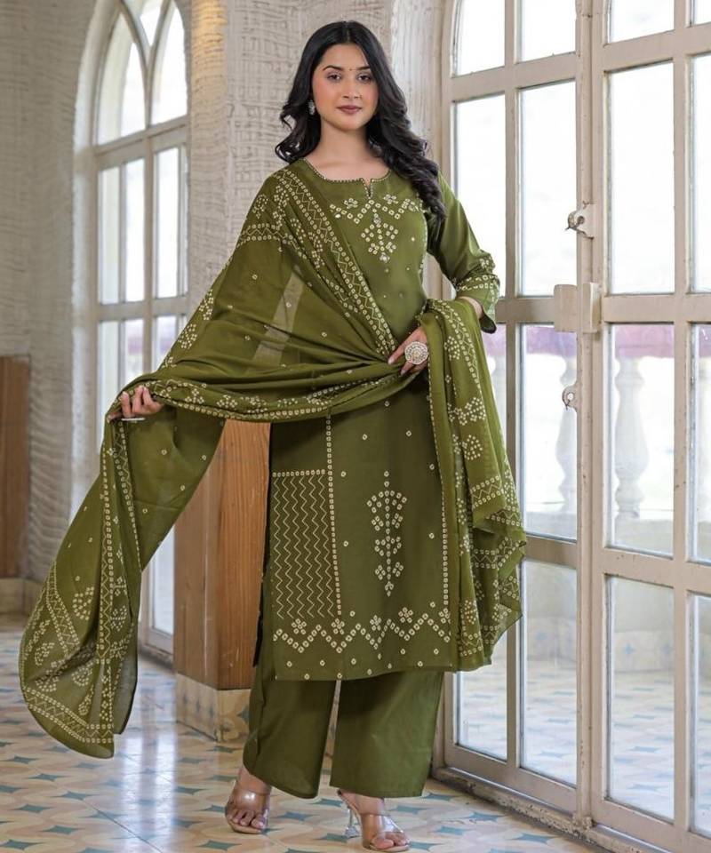 Olive green cotton panel printed kurta set with mirror handwork and dupatta