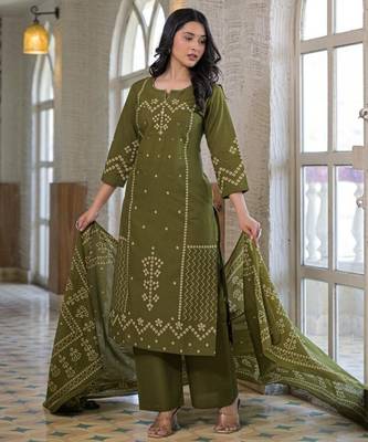 Olive green cotton panel printed kurta set with mirror handwork and dupatta 2