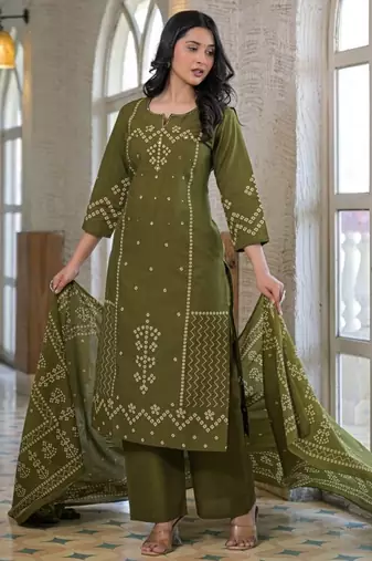 Olive green cotton panel printed kurta set with mirror handwork and dupatta