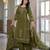 Olive green cotton panel printed kurta set with mirror handwork and dupatta