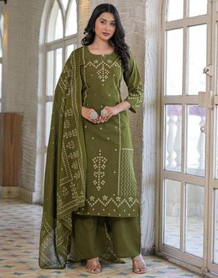 Olive green cotton panel printed kurta set with mirror handwork and dupatta 3