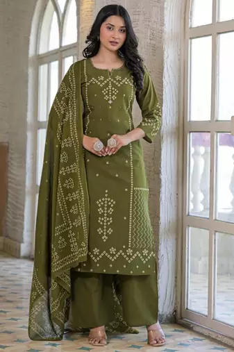 Olive green cotton panel printed kurta set with mirror handwork and dupatta