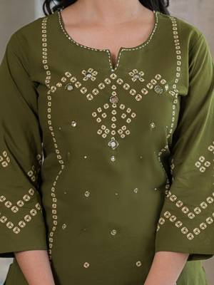 Olive green cotton panel printed kurta set with mirror handwork and dupatta 4