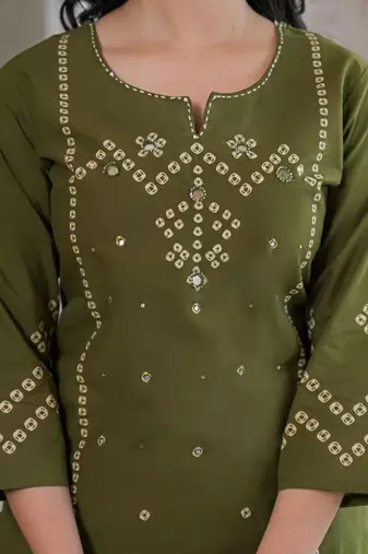 Olive green cotton panel printed kurta set with mirror handwork and dupatta