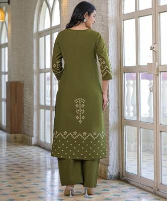 Olive green cotton panel printed kurta set with mirror handwork and dupatta 5