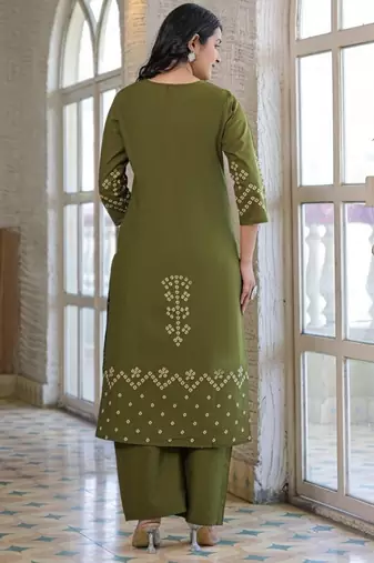 Olive green cotton panel printed kurta set with mirror handwork and dupatta