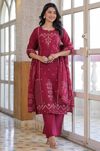 Wine red cotton panel printed kurta set with mirror handwork and dupatta