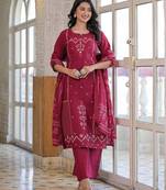 Wine red cotton panel printed kurta set with mirror handwork and dupatta