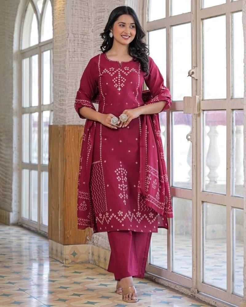 Wine red cotton panel printed kurta set with mirror handwork and dupatta