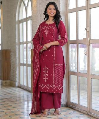 Wine red cotton panel printed kurta set with mirror handwork and dupatta 2