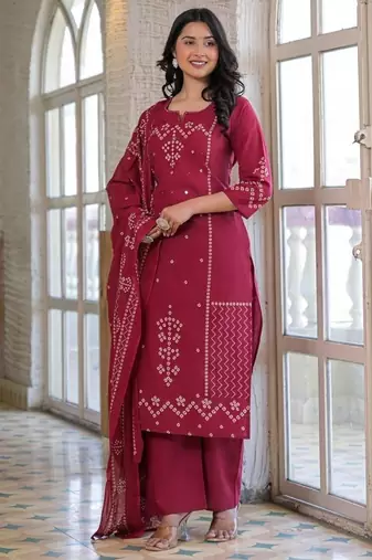 Wine red cotton panel printed kurta set with mirror handwork and dupatta