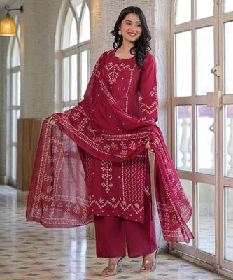 Wine red cotton panel printed kurta set with mirror handwork and dupatta 3