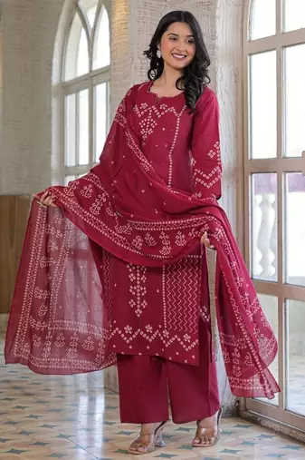 Wine red cotton panel printed kurta set with mirror handwork and dupatta
