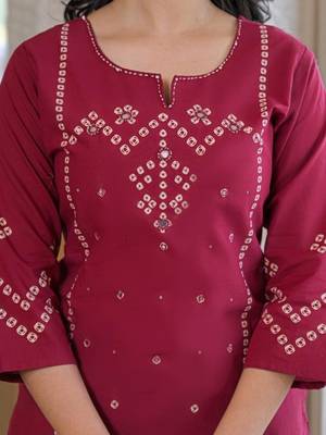 Wine red cotton panel printed kurta set with mirror handwork and dupatta 4