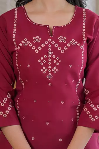Wine red cotton panel printed kurta set with mirror handwork and dupatta