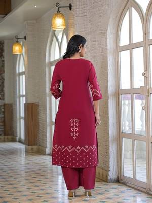 Wine red cotton panel printed kurta set with mirror handwork and dupatta 5