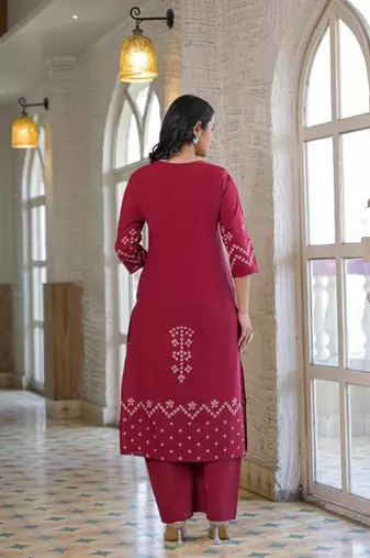 Wine red cotton panel printed kurta set with mirror handwork and dupatta