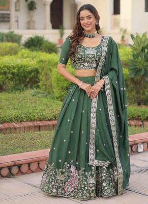 green vichitra silk lehenga choli with sequins zari 1