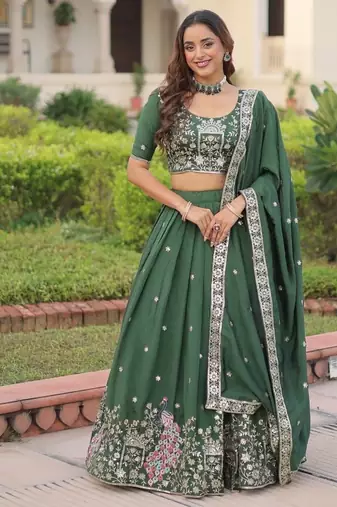 Green Vichitra Silk With Sequins Zari Thread Embroidered work lehenga choli with duppta