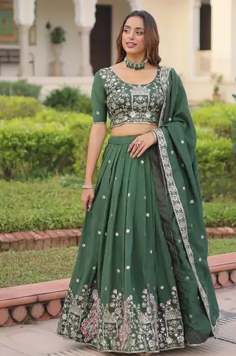 green vichitra silk lehenga choli with sequins zari