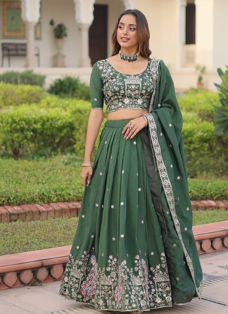 Green Vichitra Silk With Sequins Zari Thread Embroidered work lehenga choli with duppta