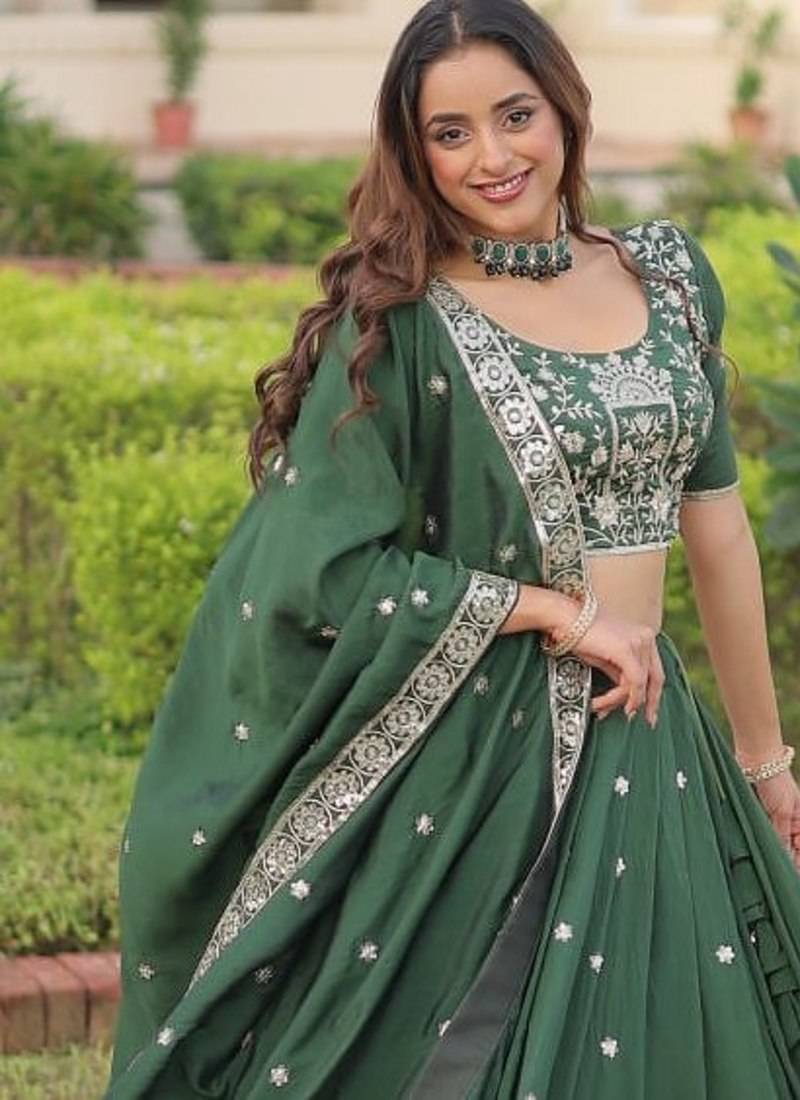 Green Vichitra Silk With Sequins Zari Thread Embroidered work lehenga choli with duppta