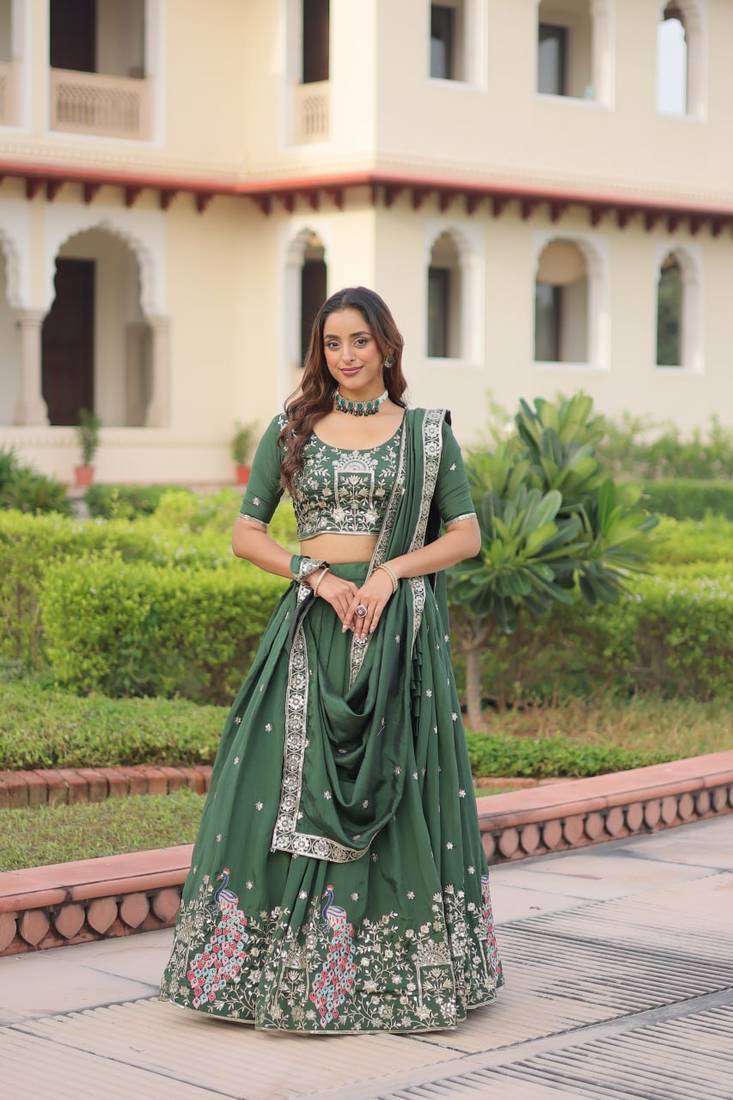 Green Vichitra Silk With Sequins Zari Thread Embroidered work lehenga choli with duppta