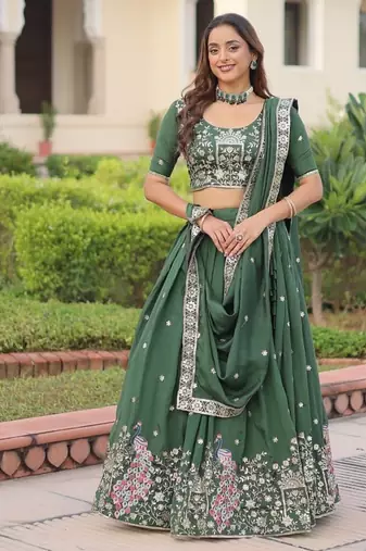 green vichitra silk lehenga choli with sequins zari