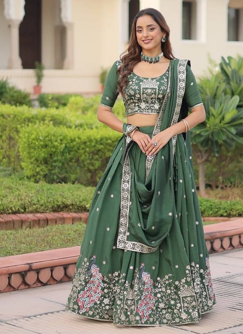 Green Vichitra Silk With Sequins Zari Thread Embroidered work lehenga choli with duppta