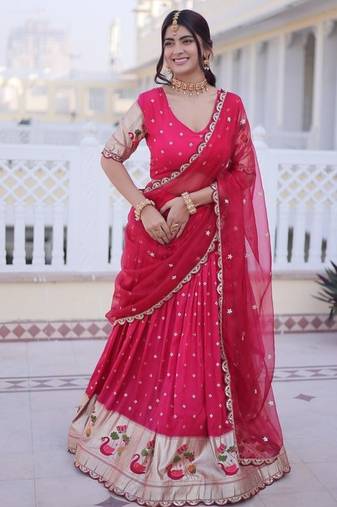 Pink Dola silk with Meena Weaving Sequins coding Embroidered lace Work lehenga choli