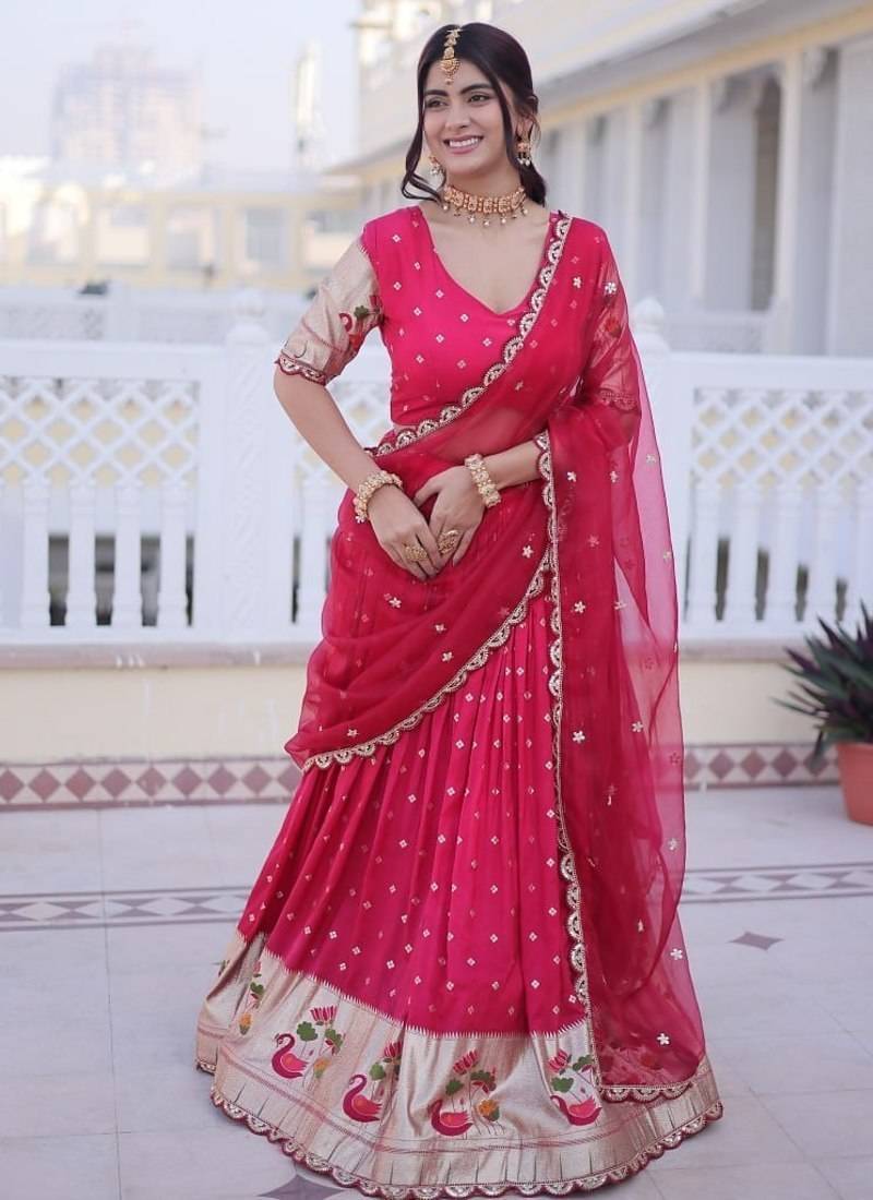 Pink Dola silk with Meena Weaving Sequins coding Embroidered lace Work lehenga choli