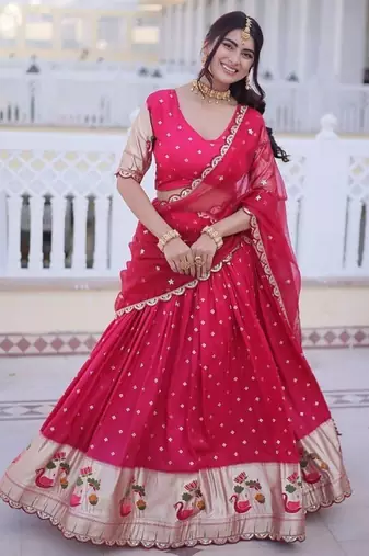 pink dola silk lehenga choli with meena weaving lace