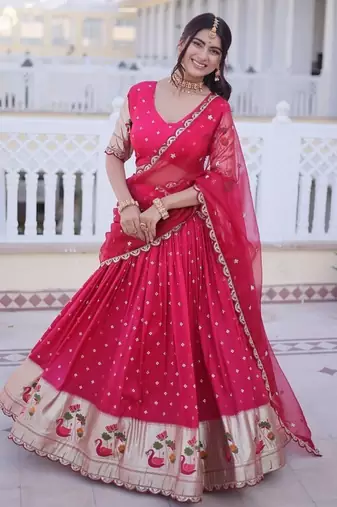 pink dola silk lehenga choli with meena weaving lace