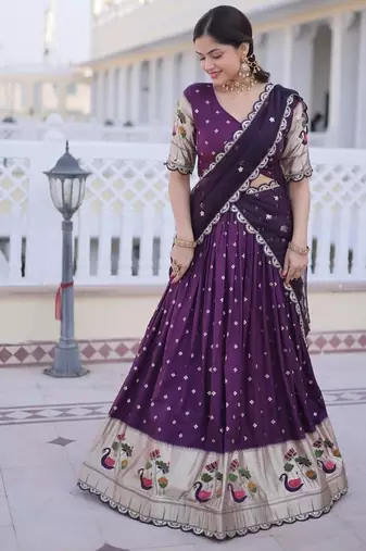 Wine Dola silk with Meena Weaving Sequins coding Embroidered lace Work lehenga choli