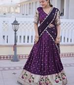 Wine Dola silk with Meena Weaving Sequins coding Embroidered lace Work lehenga choli