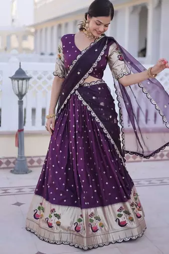 wine dola silk lehenga choli with meena sequins lace