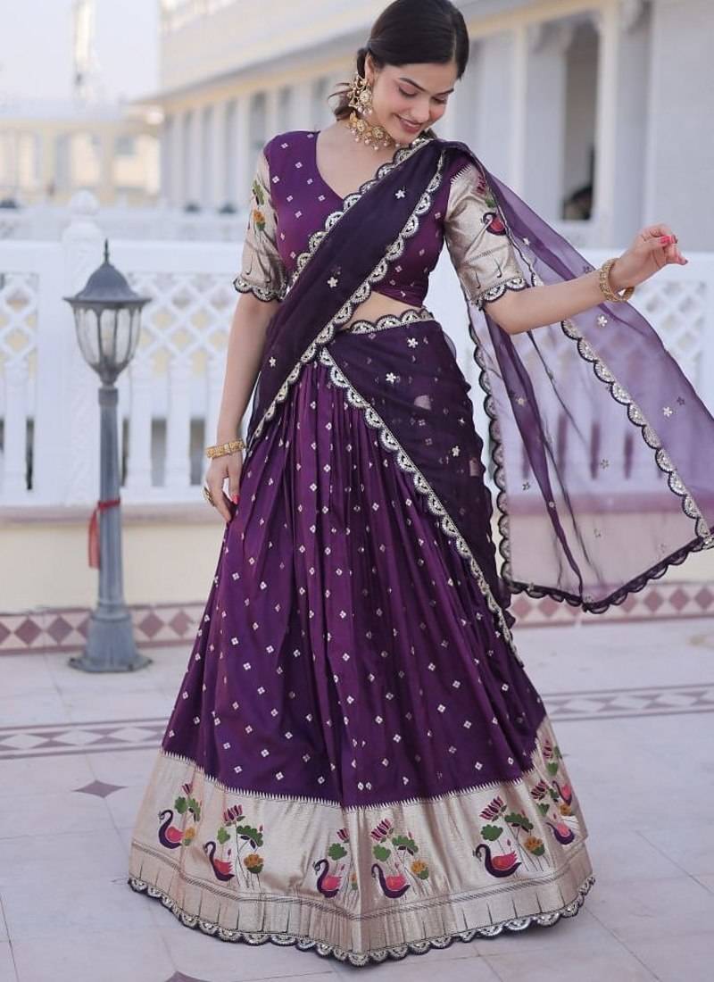 Wine Dola silk with Meena Weaving Sequins coding Embroidered lace Work lehenga choli