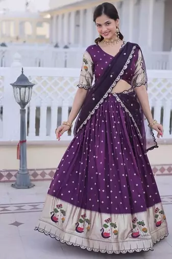 wine dola silk lehenga choli with meena sequins lace