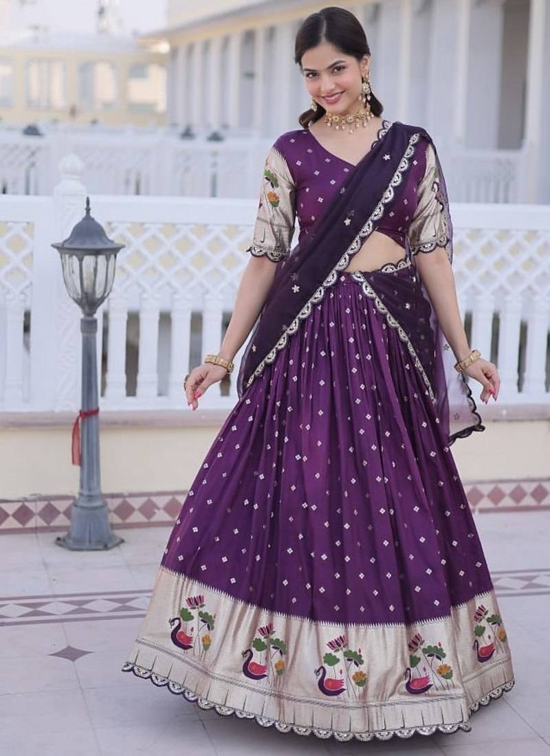 Wine Dola silk with Meena Weaving Sequins coding Embroidered lace Work lehenga choli