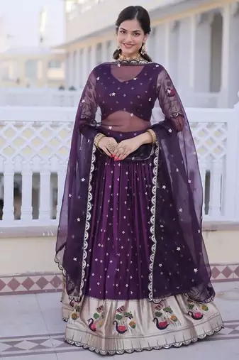 wine dola silk lehenga choli with meena sequins lace