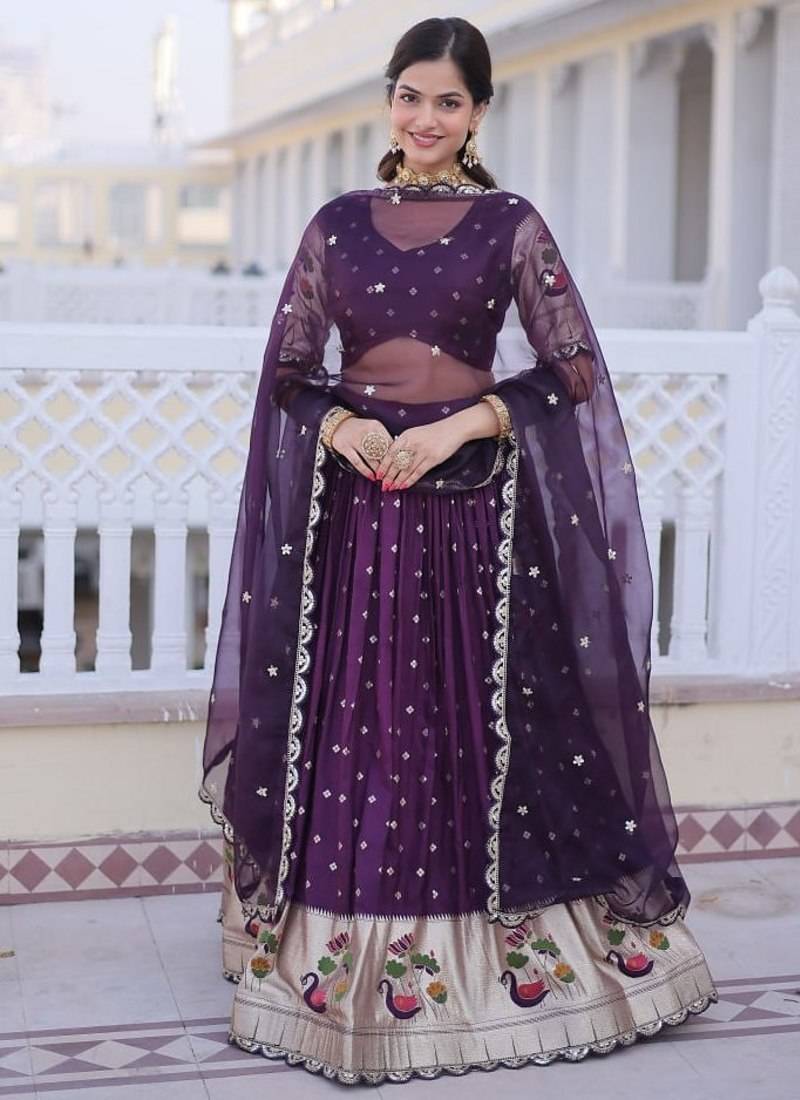 Wine Dola silk with Meena Weaving Sequins coding Embroidered lace Work lehenga choli