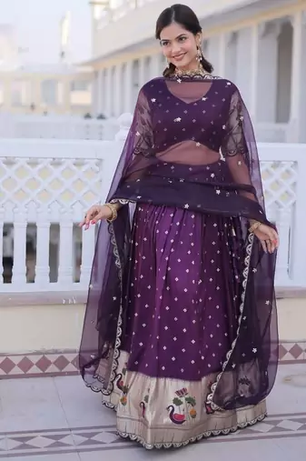 wine dola silk lehenga choli with meena sequins lace