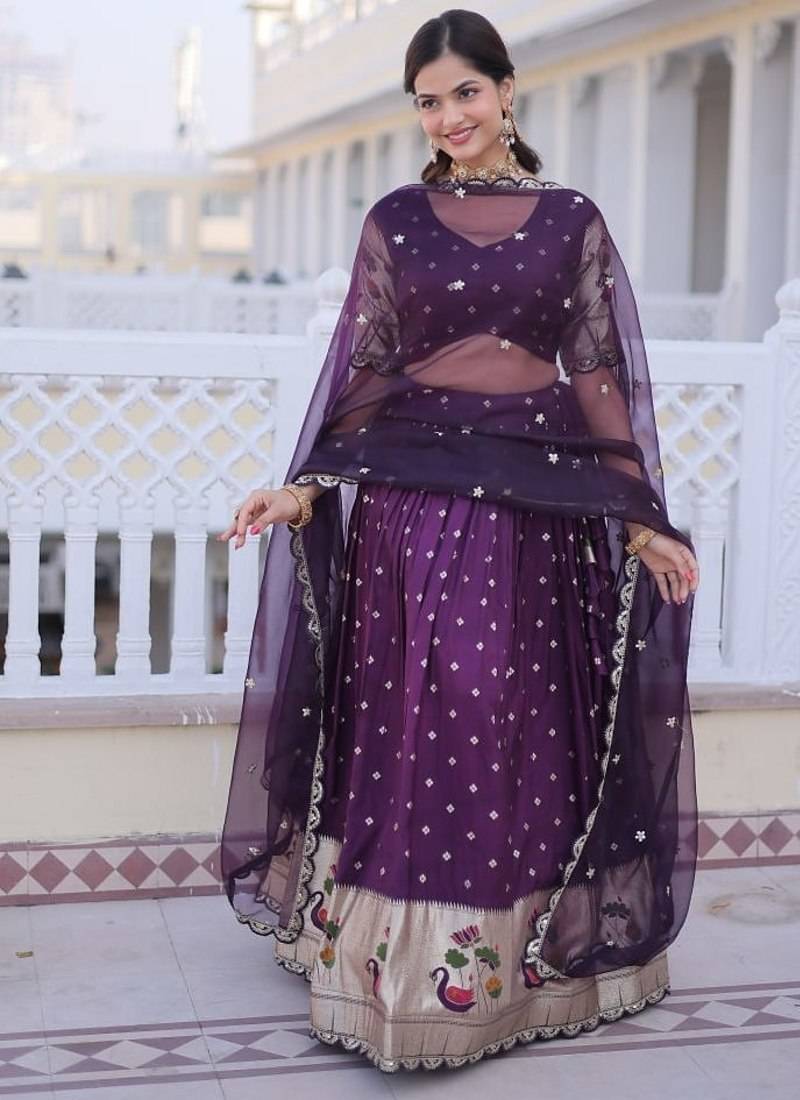 Wine Dola silk with Meena Weaving Sequins coding Embroidered lace Work lehenga choli