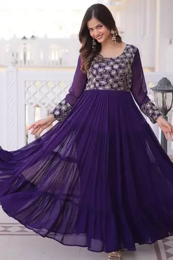 Purple Designer Readymade Long Kurti With Embroidery Zari Sequins Work