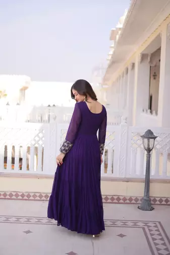 purple faux georgette anarkali gown with embroidery work